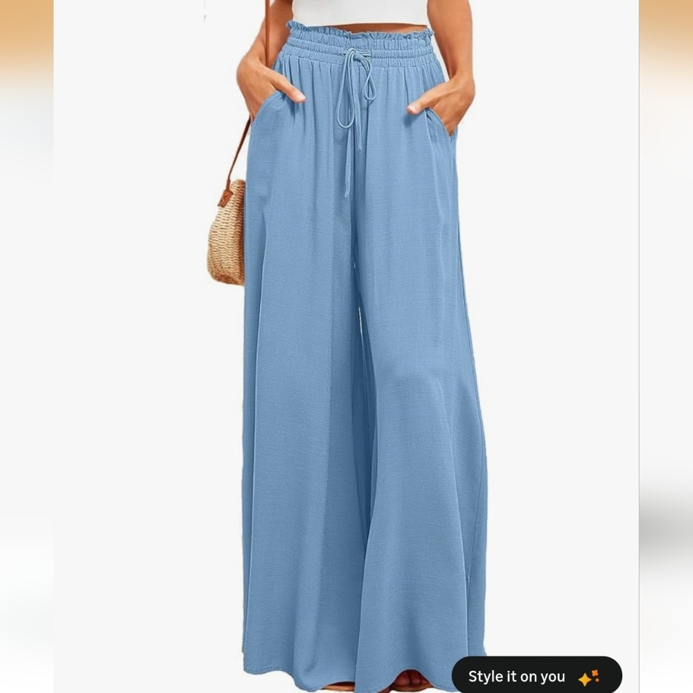 Wide Leg Drawstring Palazzo Pants Small Light Blue - Picture 2 of 11